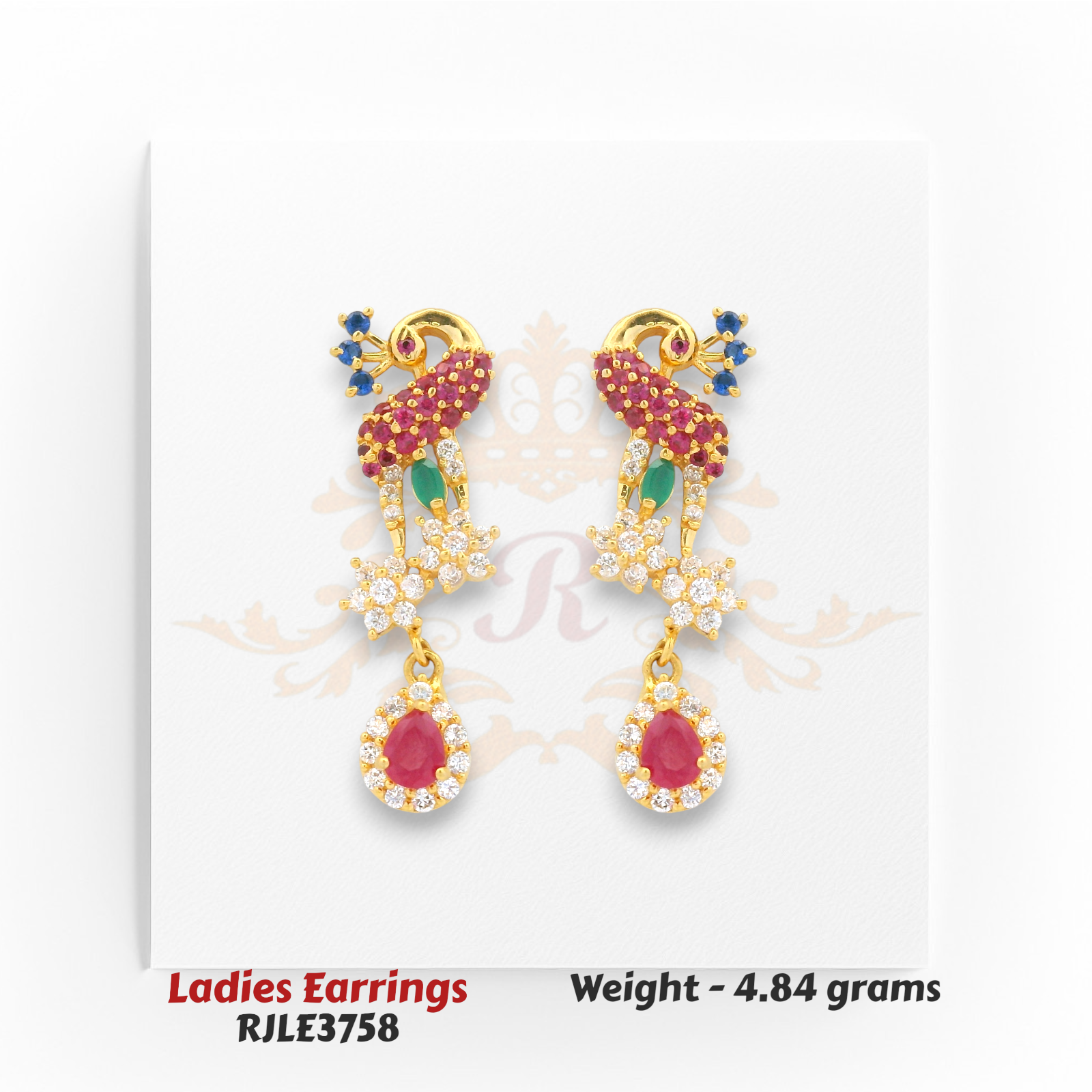 Peacock-inspired ruby and emerald drop gold earrings with CZ diamonds, 4.84 grams – Regal Jewels Chicago