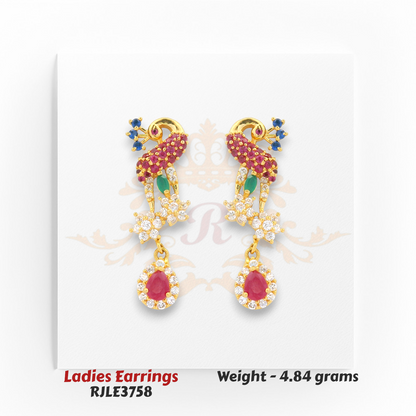 Peacock-inspired ruby and emerald drop gold earrings with CZ diamonds, 4.84 grams – Regal Jewels Chicago