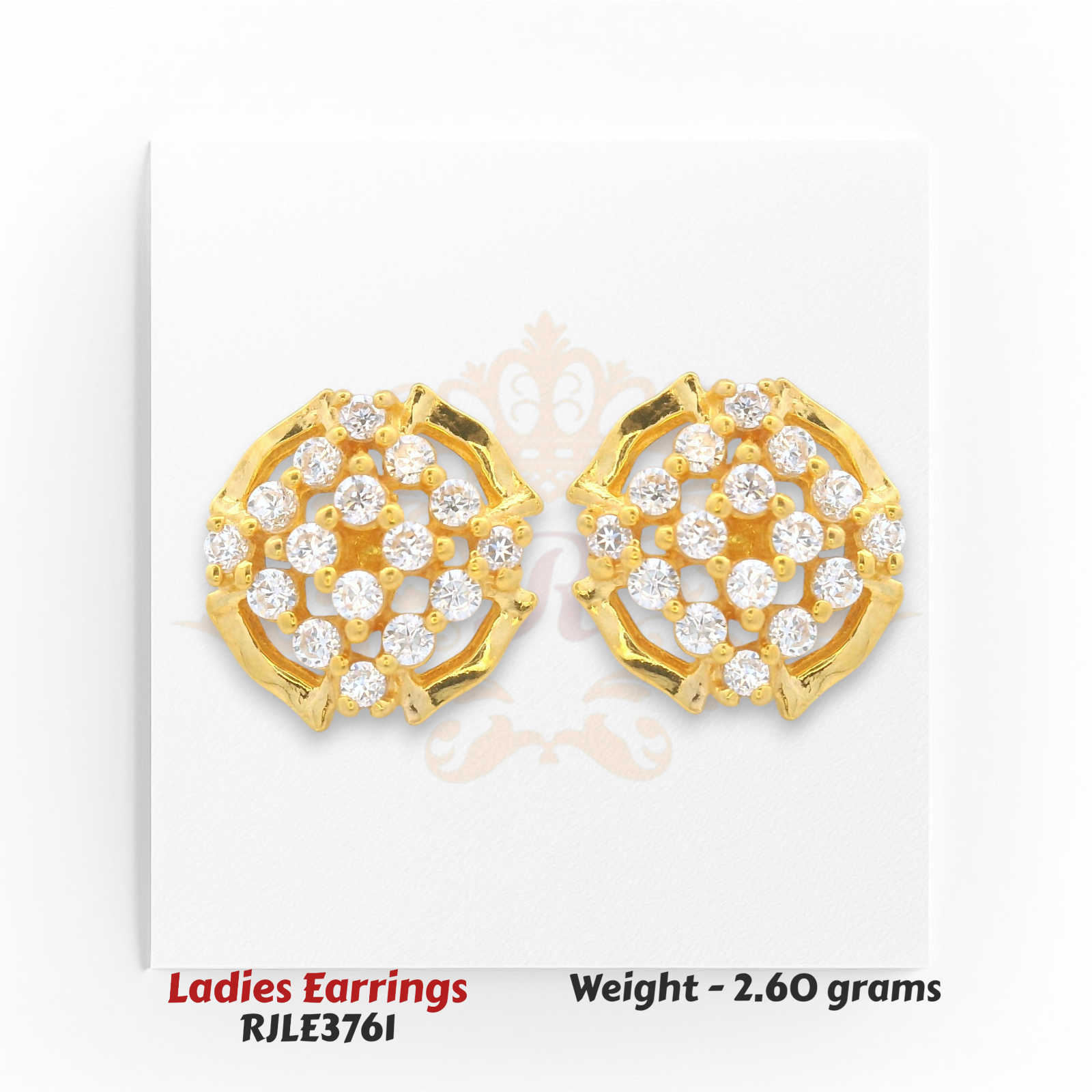 Round floral gold earrings with sparkling CZ diamonds in open petal pattern, 2.60 grams – Regal Jewels Chicago