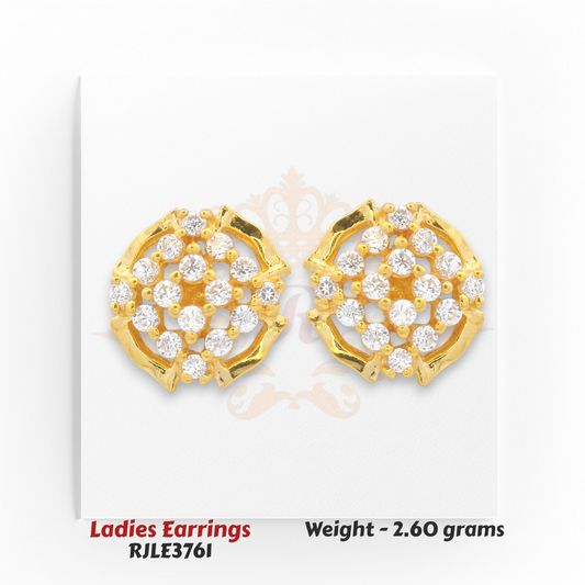Round floral gold earrings with sparkling CZ diamonds in open petal pattern, 2.60 grams – Regal Jewels Chicago