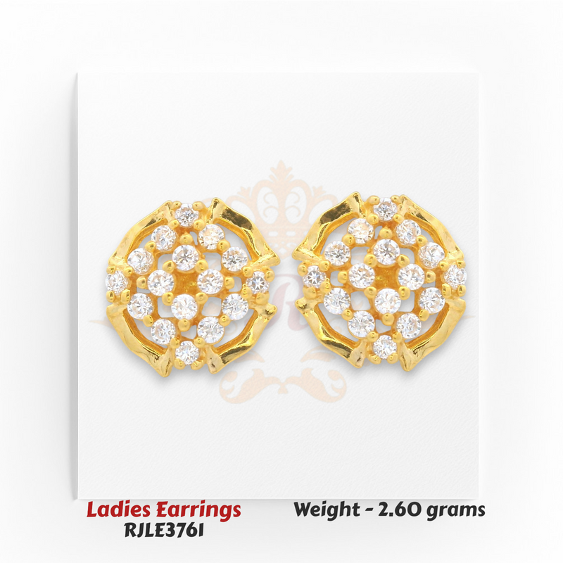 Round floral gold earrings with sparkling CZ diamonds in open petal pattern, 2.60 grams – Regal Jewels Chicago