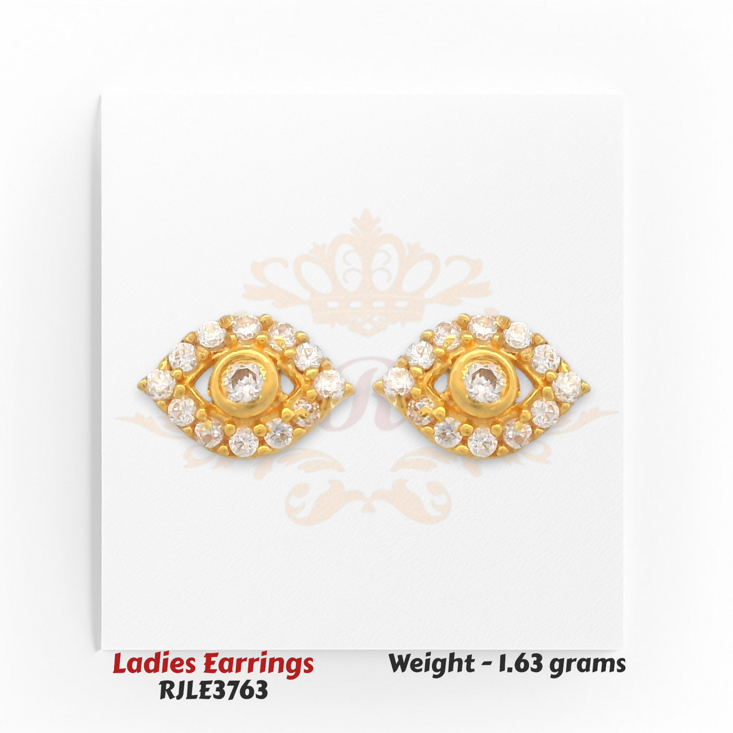 Eye-shaped gold stud earrings with centered diamond and halo accents, 1.63 grams – Regal Jewels Chicago