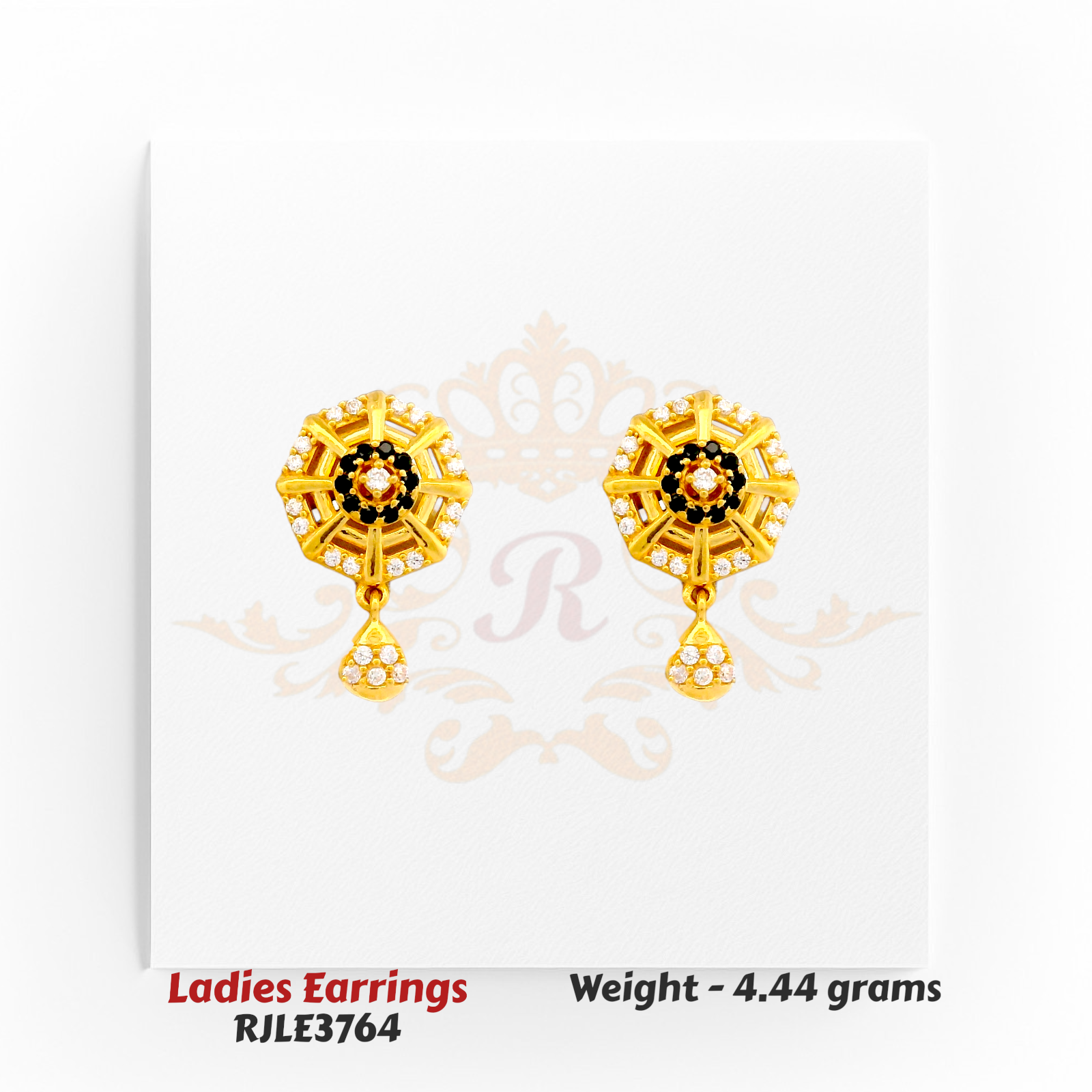 Black enamel and diamond drop gold earrings with geometric floral design, 4.44 grams – Regal Jewels Chicago