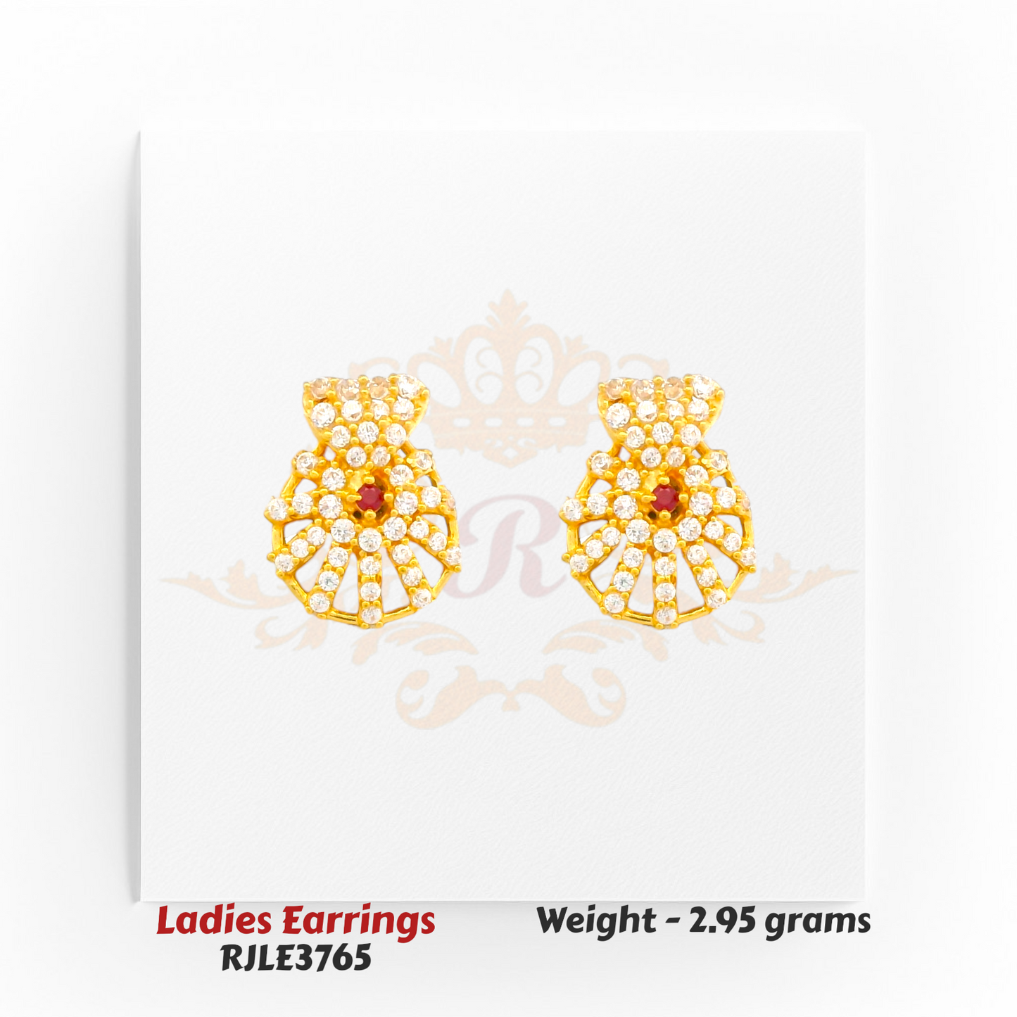 Flower-inspired gold earrings with red ruby center and diamond rays, 2.95 grams – Regal Jewels Chicago