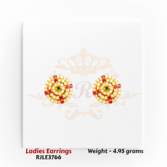 Round spiral gold earrings adorned with white, red, and green stones, 4.95 grams – Regal Jewels Chicago