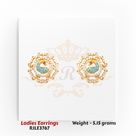 Peacock-style gold earrings with turquoise blue stones and floral diamond frame, 5.15 grams – Regal Jewels Chicago