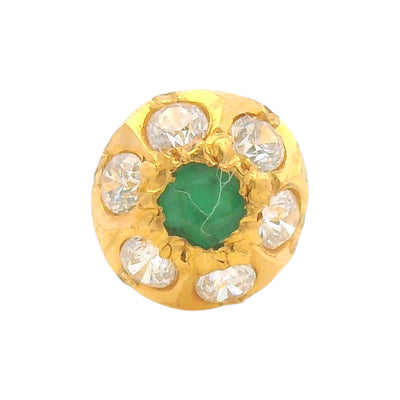 Regal Jewels RJLN0005 22k yellow gold ladies nosepin with green center stone and clear stone floral cluster, elegant stud nose pin, stylish gemstone gold nose stud for women, ethnic Indian bridal jewelry, everyday wear gold nose ring, handcrafted traditional nose piercing jewelry – Regal Jewels Chicago