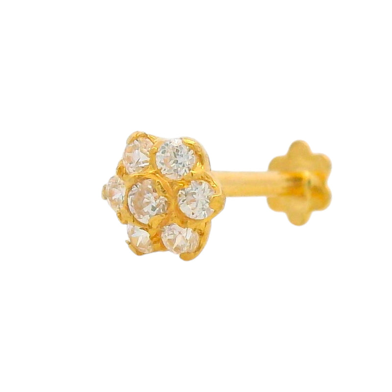 Lightweight 0.18 gm Gold Nosepin with Diamond-Style Floral Cluster, Angled Close-Up – Regal Jewels Chicago RJLN0016