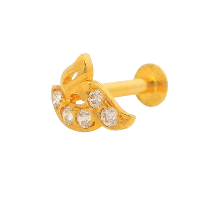 22kt Gold Nosepin, Nature-Inspired Leaf Design with Diamond-Style Stones, Angled View – Regal Jewels Chicago RJLN0017