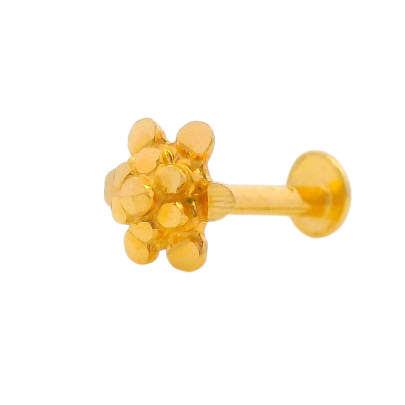 22kt Gold Nosepin, Lightweight 0.26 gm Floral Motif with Textured Detailing, Angled View – Regal Jewels Chicago RJLN0018