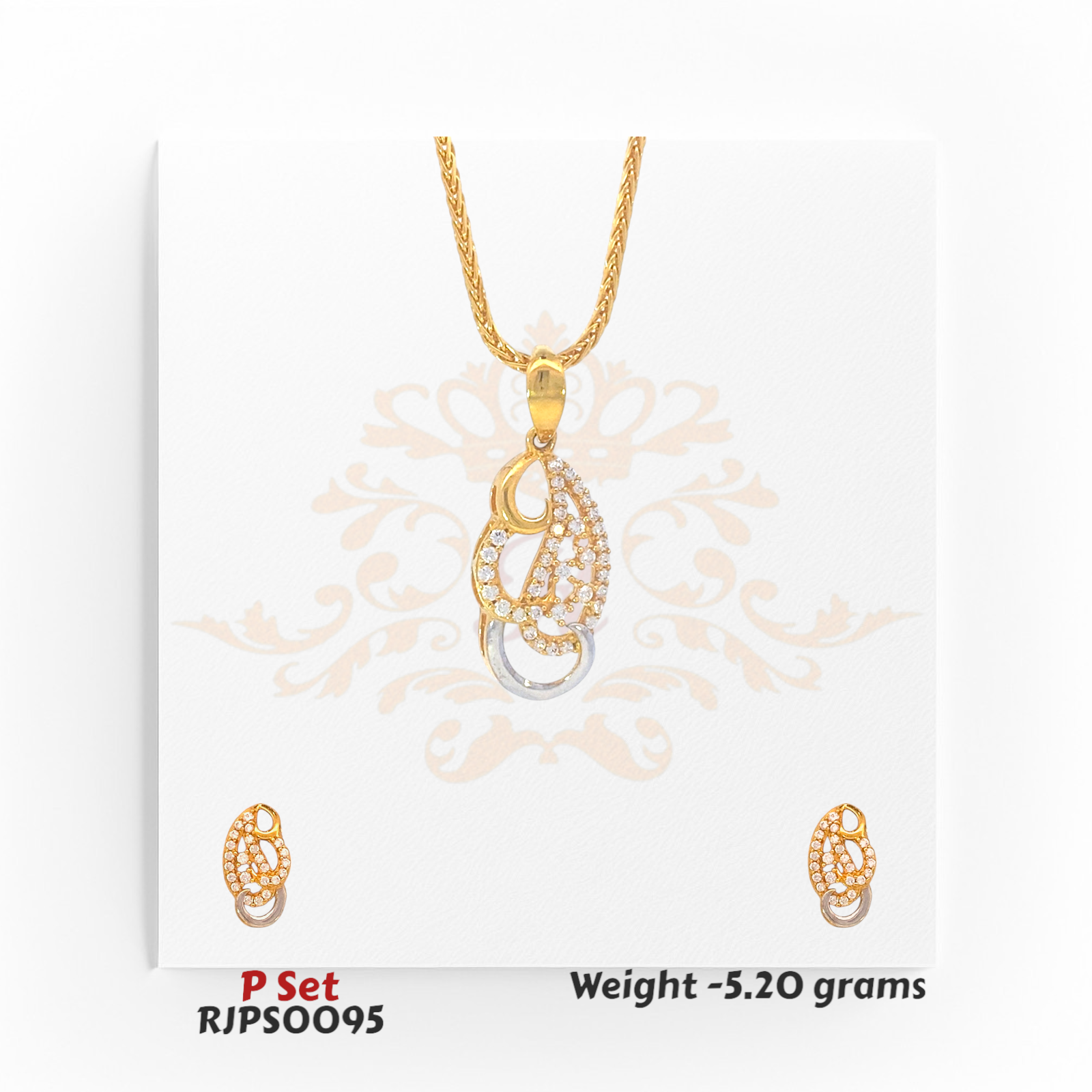 22kt gold pendant set with a paisley-inspired dual-tone design encrusted with white stones, including matching earrings. Product code RJPS0095, total weight 5.20 grams.