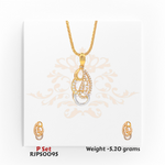 22kt gold pendant set with a paisley-inspired dual-tone design encrusted with white stones, including matching earrings. Product code RJPS0095, total weight 5.20 grams.