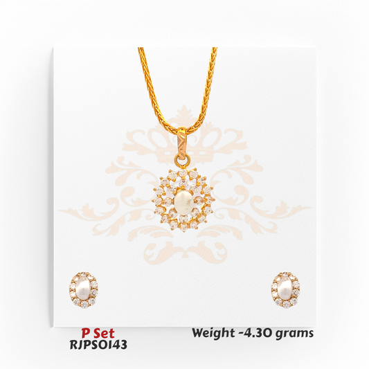 22kt gold pendant set featuring an oval pearl centerpiece surrounded by sparkling white stones, with matching earrings. Product code RJPS0143, total weight 4.30 grams.