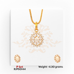 22kt gold pendant set featuring an oval pearl center surrounded by a floral burst of sparkling white stones, with matching earrings. Product code RJPS0144, total weight 4.30 grams.