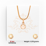 22kt gold pendant set with a round pearl center encircled by brilliant white stones, with matching earrings. Product code RJPS0146, total weight 3.70 grams.