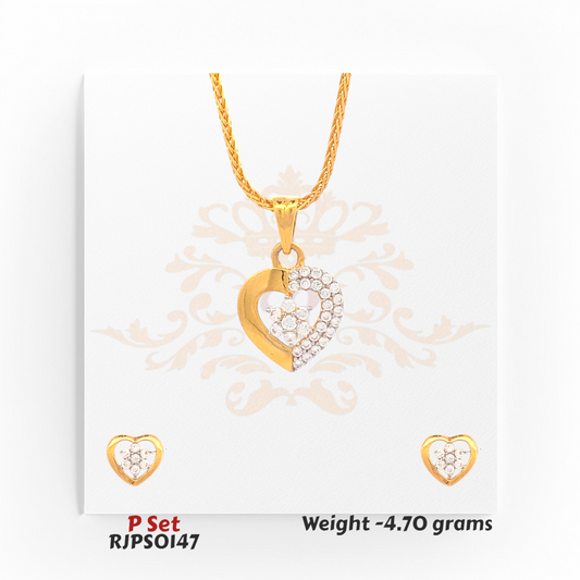 22kt gold heart-shaped pendant set with white stones in a dual-finish design, including matching earrings. Product code RJPS0147, total weight 4.70 grams.
