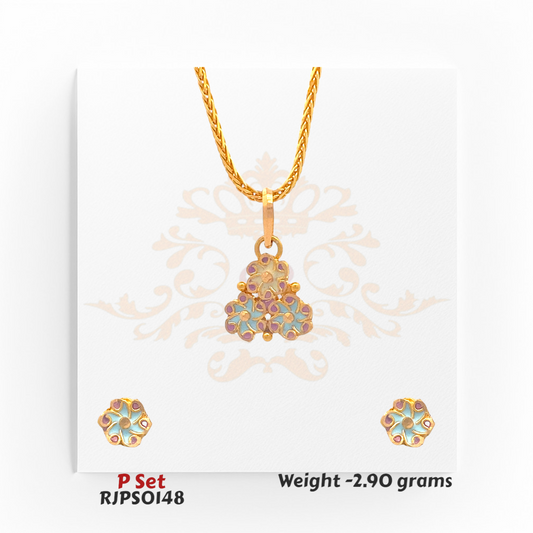 22kt gold pendant set with pastel enamel floral swirl design in yellow, pink, and blue, including matching earrings. Product code RJPS0148, total weight 2.90 grams.