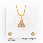 22kt gold pendant set with pastel enamel floral swirl design in yellow, pink, and blue, including matching earrings. Product code RJPS0148, total weight 2.90 grams.