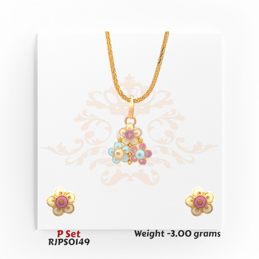 22kt gold pendant set with pastel enamel floral motifs in pink, blue, and ivory, arranged in a triangular design, with matching earrings. Product code RJPS0149, total weight 3.00 grams.