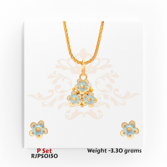 Price May Change Without Notice Due to Market Fluctuation
Exclusive Offer: Get a 3% discount when you pay via Zelle (Payment2Regal@gmail.com). Orders paid with credit cards will be shipped once the payment has been successfully processed.

This 22kt gold pendant set features a trio of floral motifs finished in soft ivory enamel and golden tones. Lightweight yet eye-catching—perfect for subtle ethnic charm.
Product Code: RJPS0151
Weight: 3.40 grams.