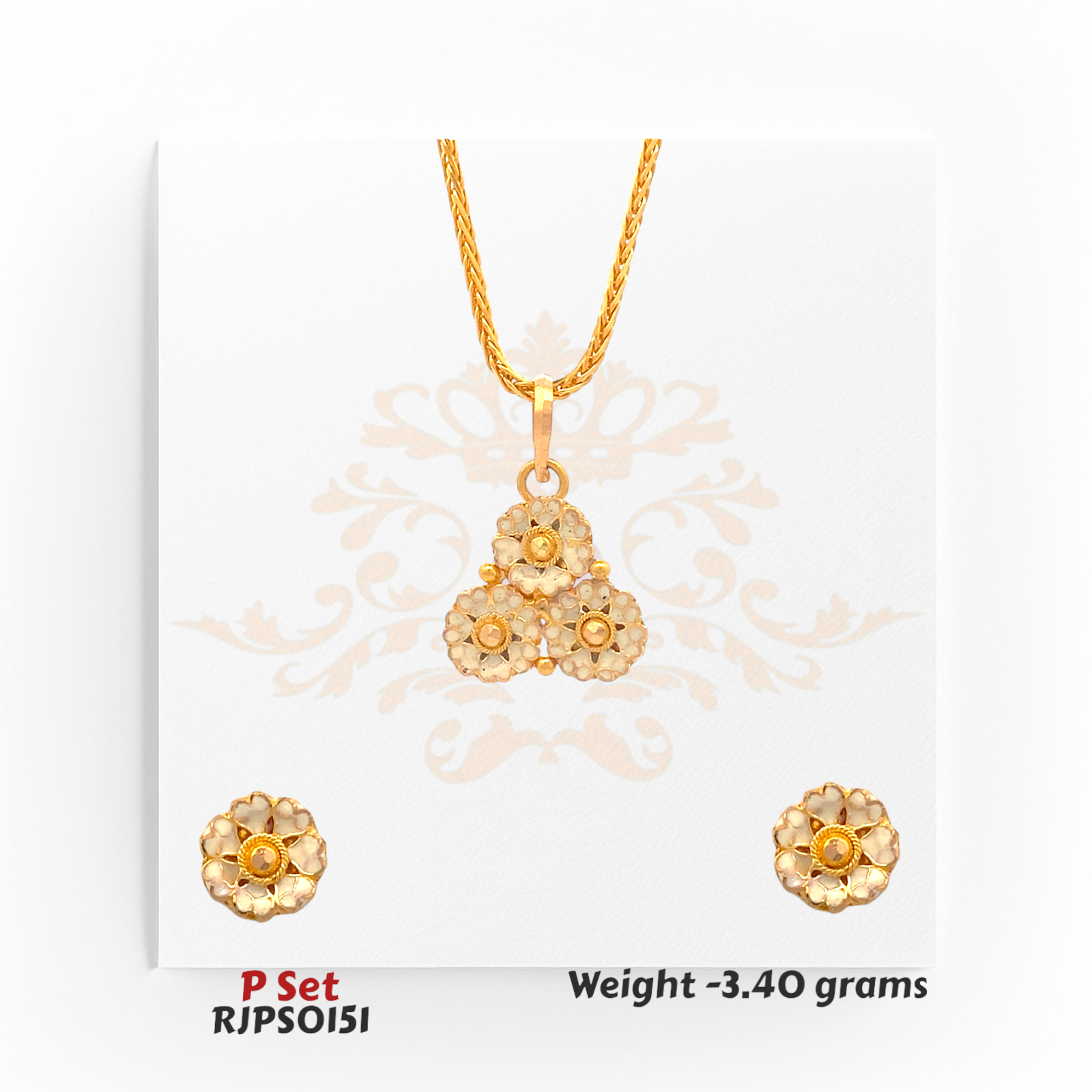 22kt gold pendant set with triple floral motifs in ivory enamel and golden accents, with matching earrings. Product code RJPS0151, total weight 3.40 grams.