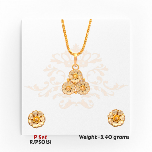22kt gold pendant set with triple floral motifs in ivory enamel and golden accents, with matching earrings. Product code RJPS0151, total weight 3.40 grams.