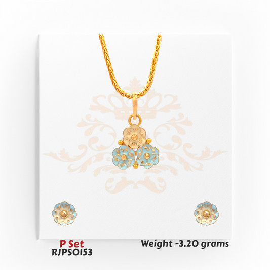 22kt gold pendant set with a trio of floral motifs in soft sky blue and gold enamel, with matching earrings. Product code RJPS0153, total weight 3.20 grams.