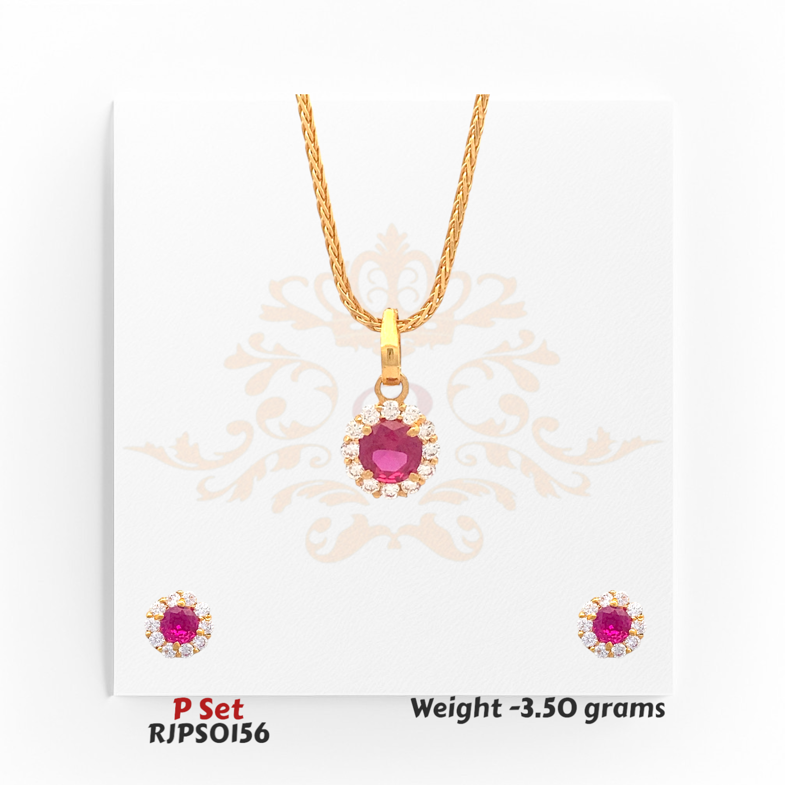 22kt gold pendant set with a round ruby-red gemstone surrounded by sparkling white stones, paired with matching earrings. Product code RJPS0156, total weight 3.50 grams.