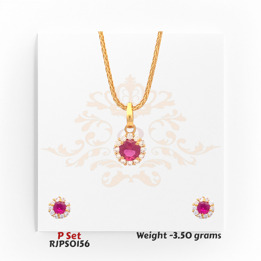 22kt gold pendant set with a round ruby-red gemstone surrounded by sparkling white stones, paired with matching earrings. Product code RJPS0156, total weight 3.50 grams.