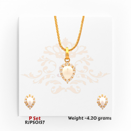 22kt gold pendant set with teardrop-shaped pearl centerpiece surrounded by shimmering white stones, including matching earrings. Product code RJPS0157, total weight 4.20 grams.