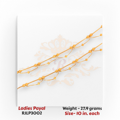 22kt Gold Ladies Payal RJLP3002 – elegant dual-chain beaded design anklet, 27.9 grams, 10 inches – handcrafted gold jewelry by Regal Jewels Chicago.