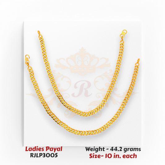 22kt Gold Ladies Payal RJLP3005 – classic curb-chain gold anklet, 44.2 grams, 10 inches – bold and modern payal design by Regal Jewels Chicago.