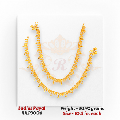 22kt Gold Ladies Payal RJLP3006 – traditional drop dangle design anklet, 30.92 grams, 10.5 inches – intricate bridal payal from Regal Jewels Chicago.