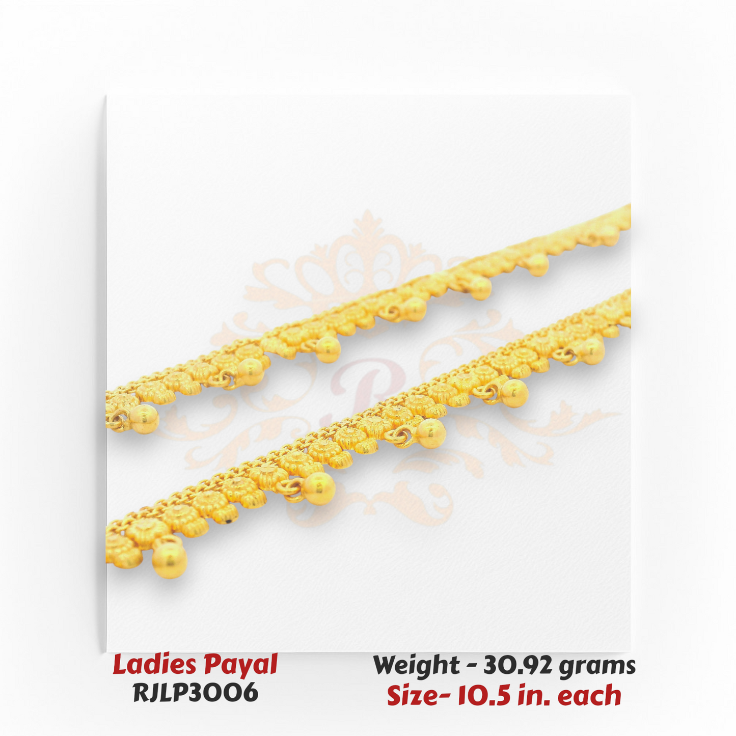 22kt Gold Ladies Payal RJLP3006 – traditional drop-ball ghunghroo payal, 30.92 grams, 10.5 inches – intricate bridal anklet from Regal Jewels Chicago.