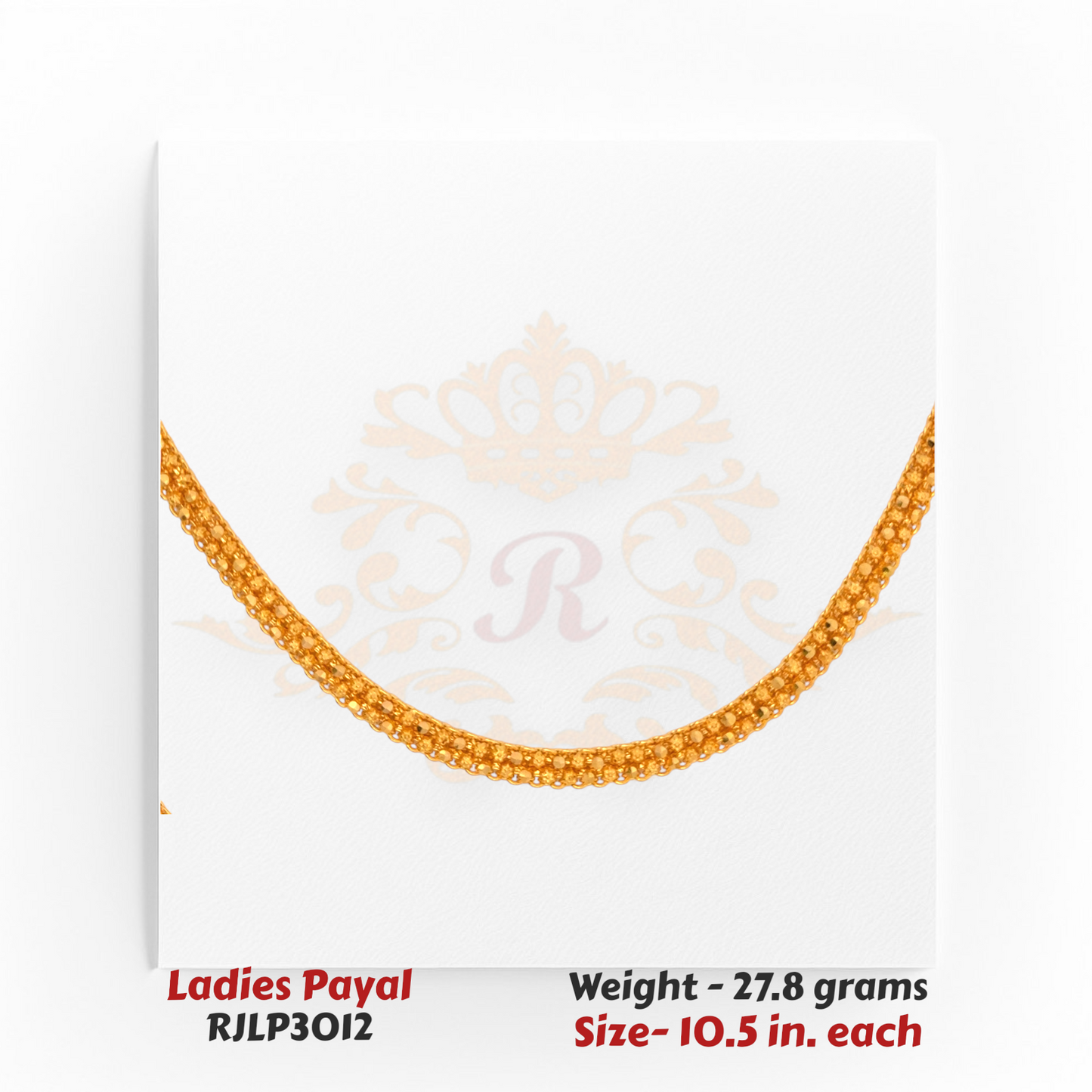 22kt Gold Ladies Payal RJLP3012 – smooth woven-mesh design anklet close-up, 27.8 grams, 10.5 inches – minimal daily wear gold payal by Regal Jewels Chicago.