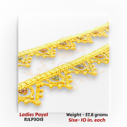 22kt Gold Ladies Payal RJLP3015 – multicolor meenakari triangle motif anklet, 57.8 grams, 10 inches – vibrant ethnic gold payal handcrafted by Regal Jewels Chicago.