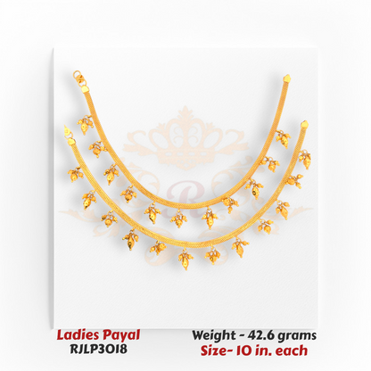 22kt Gold Ladies Payal RJLP3018 – leaf drop charm anklet design, 42.6 grams, 10 inches – festive gold payal with hanging motifs from Regal Jewels Chicago.