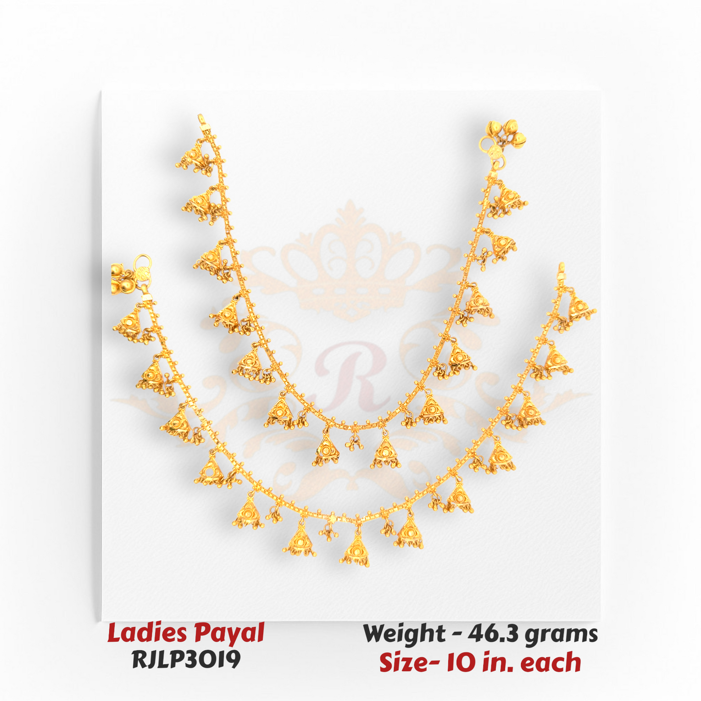 22kt Gold Ladies Payal RJLP3019 – triangular ghunghroo charm design anklet, 46.3 grams, 10 inches – traditional bridal payal from Regal Jewels Chicago.