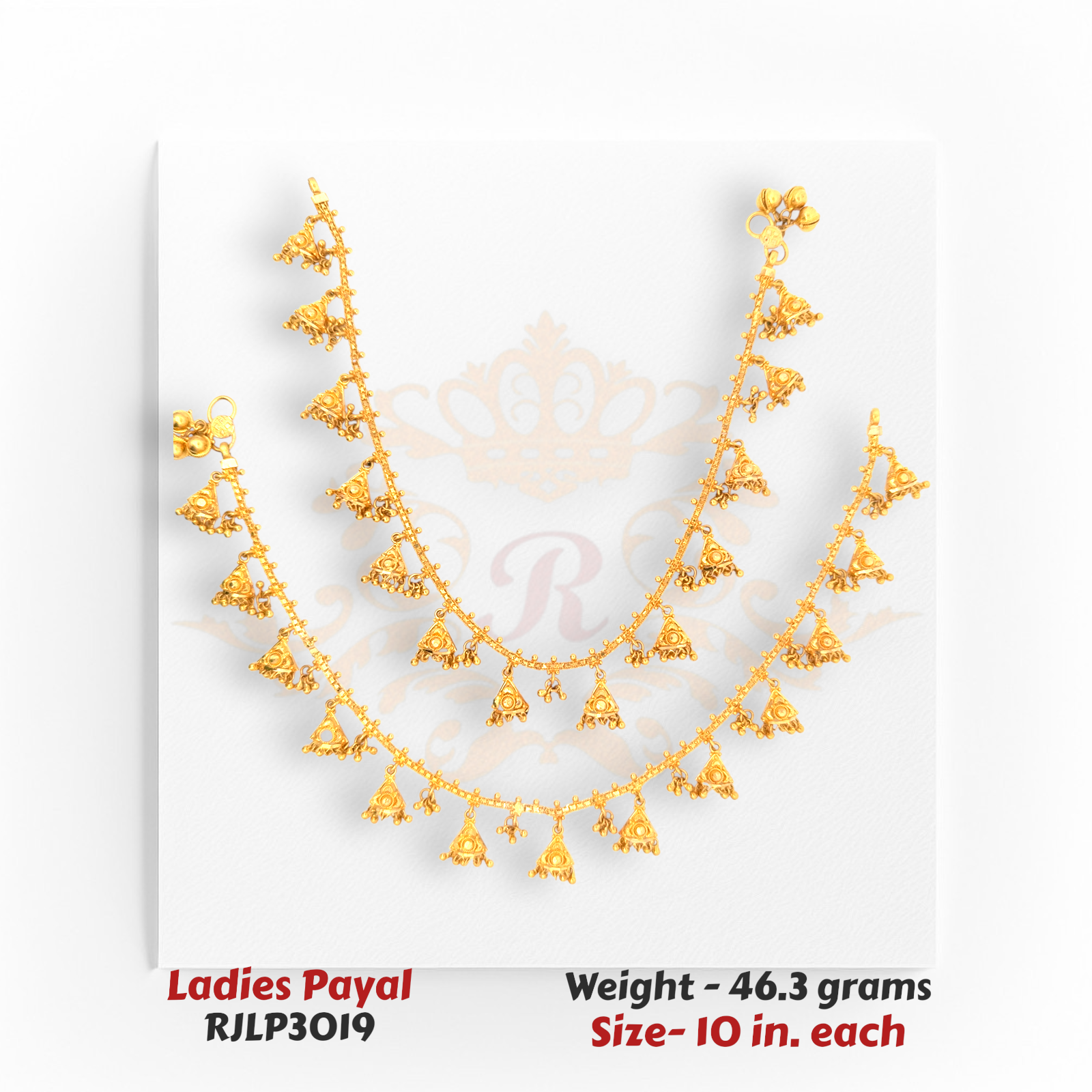 22kt Gold Ladies Payal RJLP3019 – triangular ghunghroo charm design anklet, 46.3 grams, 10 inches – traditional bridal payal from Regal Jewels Chicago.