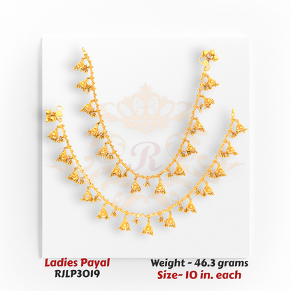 22kt Gold Ladies Payal RJLP3019 – triangular ghunghroo charm design anklet, 46.3 grams, 10 inches – traditional bridal payal from Regal Jewels Chicago.