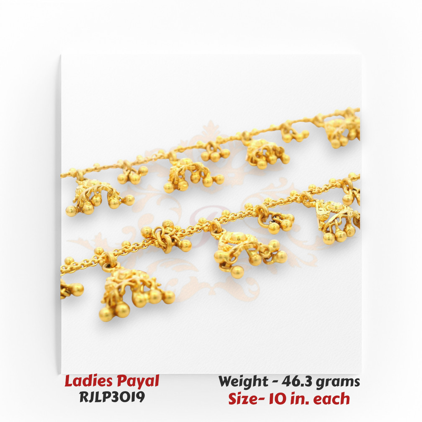22kt Gold Ladies Payal RJLP3019 – bell ghunghroo triangle design anklet, 46.3 grams, 10 inches – royal bridal payal by Regal Jewels Chicago.