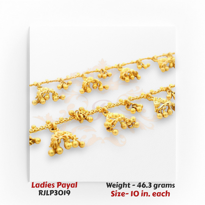 22kt Gold Ladies Payal RJLP3019 – bell ghunghroo triangle design anklet, 46.3 grams, 10 inches – royal bridal payal by Regal Jewels Chicago.