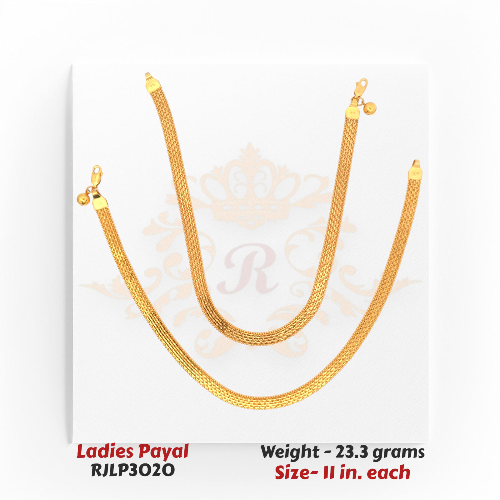 22kt Gold Ladies Payal RJLP3020 – sleek mesh weave anklet, 23.3 grams, 11 inches – elegant daily wear gold payal handcrafted by Regal Jewels Chicago.