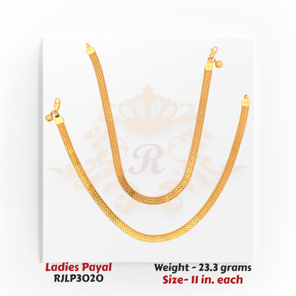 22kt Gold Ladies Payal RJLP3020 – sleek mesh weave anklet, 23.3 grams, 11 inches – elegant daily wear gold payal handcrafted by Regal Jewels Chicago.