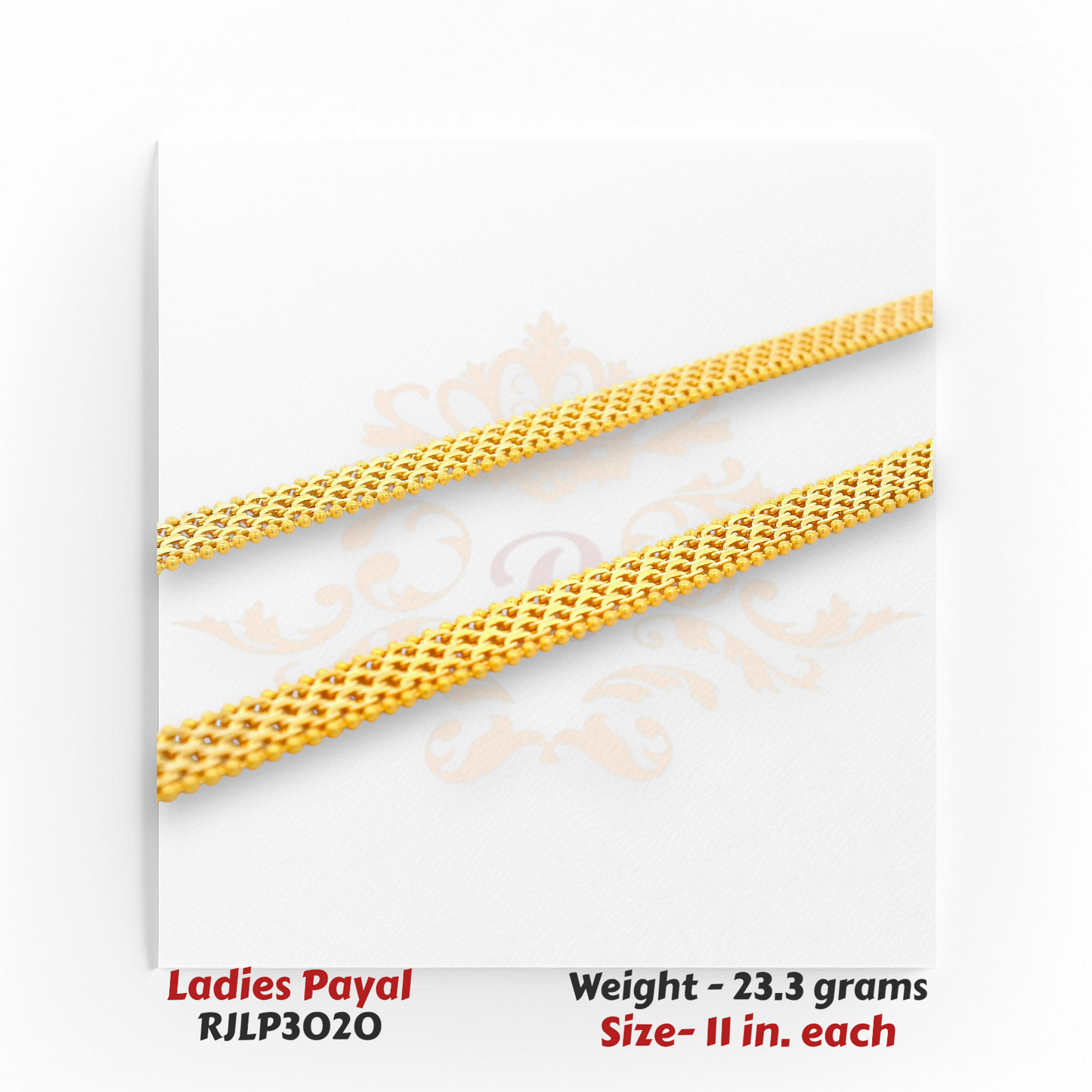 22kt Gold Ladies Payal RJLP3020 – sleek braided-mesh pattern anklet, 23.3 grams, 11 inches – elegant lightweight daily wear payal by Regal Jewels Chicago.