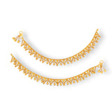 Regal Jewels RJLP3021 22k yellow gold ladies payal anklet pair with intricate filigree V-pattern design and hanging ghungroo balls, traditional handcrafted Indian gold anklets for weddings, festivals, bridal wear, and cultural occasions – Regal Jewels Chicago