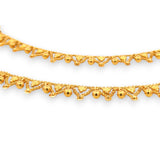 Regal Jewels RJLP3021A 22k gold ladies payal anklet close-up showing intricate V-shape filigree work with dangling ghungroo beads, handcrafted Indian bridal anklet detail view – Regal Jewels Chicago
