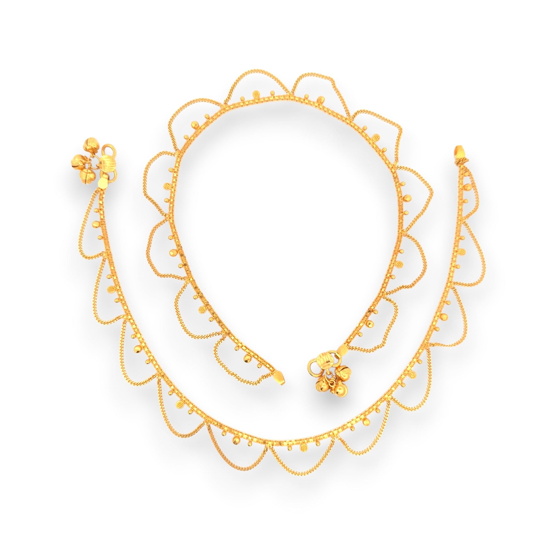 Regal Jewels RJLP3024 22k yellow gold ladies payal anklet pair with scalloped loop design and tiny hanging beads, traditional handcrafted ethnic gold anklets for women, perfect for Indian bridal wear, festive occasions, and cultural celebrations – Regal Jewels Chicago
