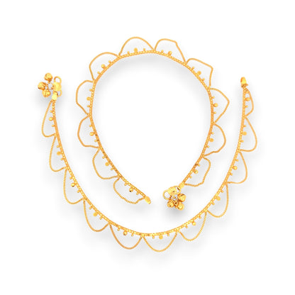 Regal Jewels RJLP3024 22k yellow gold ladies payal anklet pair with scalloped loop design and tiny hanging beads, traditional handcrafted ethnic gold anklets for women, perfect for Indian bridal wear, festive occasions, and cultural celebrations – Regal Jewels Chicago
