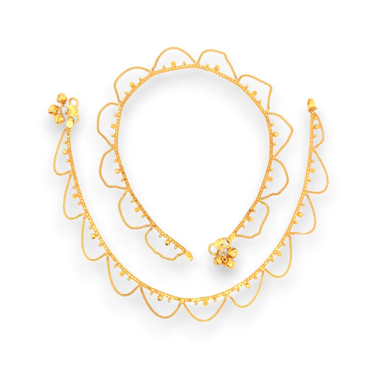Regal Jewels RJLP3024 22k yellow gold ladies payal anklet pair with scalloped loop design and tiny hanging beads, traditional handcrafted ethnic gold anklets for women, perfect for Indian bridal wear, festive occasions, and cultural celebrations – Regal Jewels Chicago
